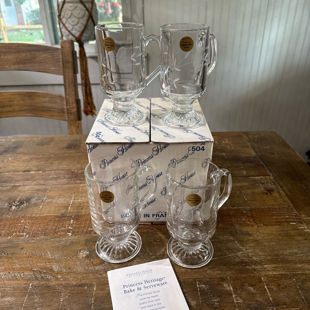 Princess House Clear Etched Glass Irish Coffee Mugs - Set of 4